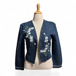 VTG y2k Floral Embroidered Denim Jacket Sz Small Open Front Cottagecore USA Made
